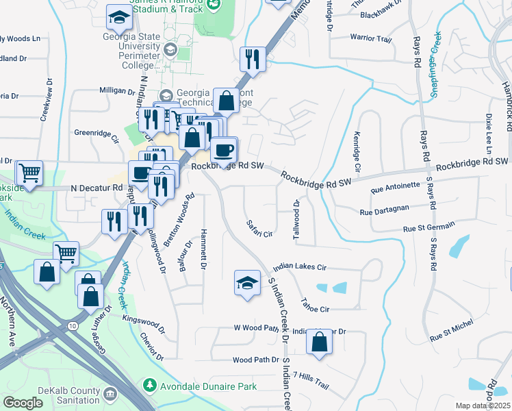 map of restaurants, bars, coffee shops, grocery stores, and more near 3922 Safari Court in Stone Mountain
