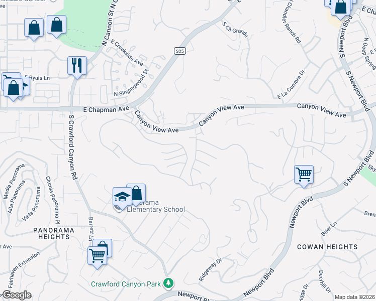 map of restaurants, bars, coffee shops, grocery stores, and more near 6307 East Rocking Horse Way in Orange