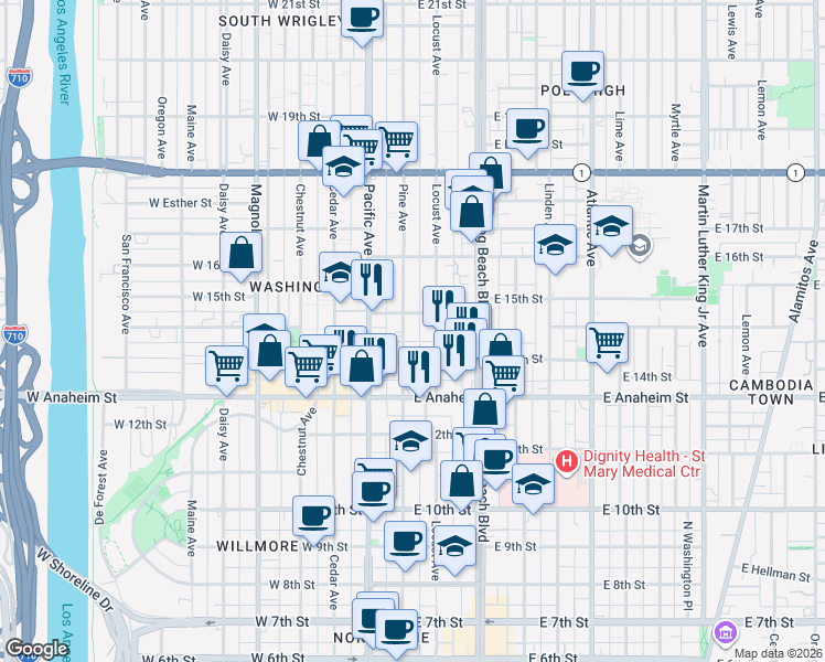 map of restaurants, bars, coffee shops, grocery stores, and more near 1444 Pine Avenue in Long Beach