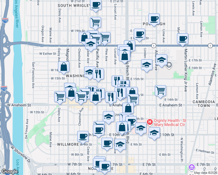 map of restaurants, bars, coffee shops, grocery stores, and more near 1444 Pine Avenue in Long Beach