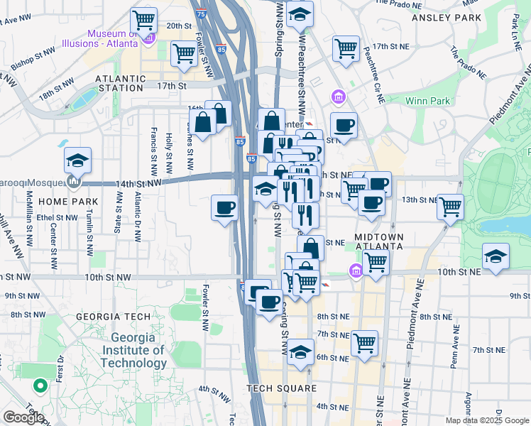 map of restaurants, bars, coffee shops, grocery stores, and more near 77 12th Street Northwest in Atlanta