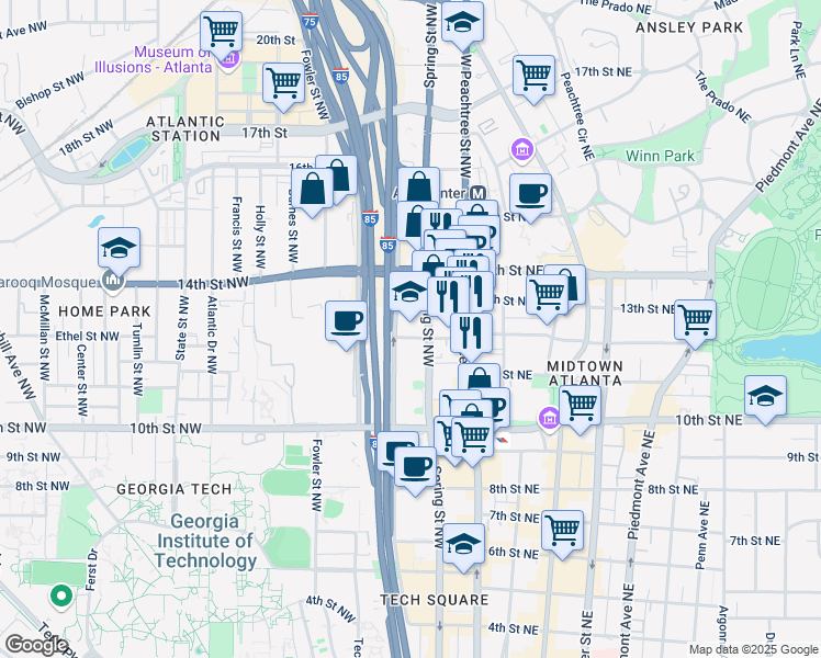 map of restaurants, bars, coffee shops, grocery stores, and more near 60 12th Street Northwest in Atlanta