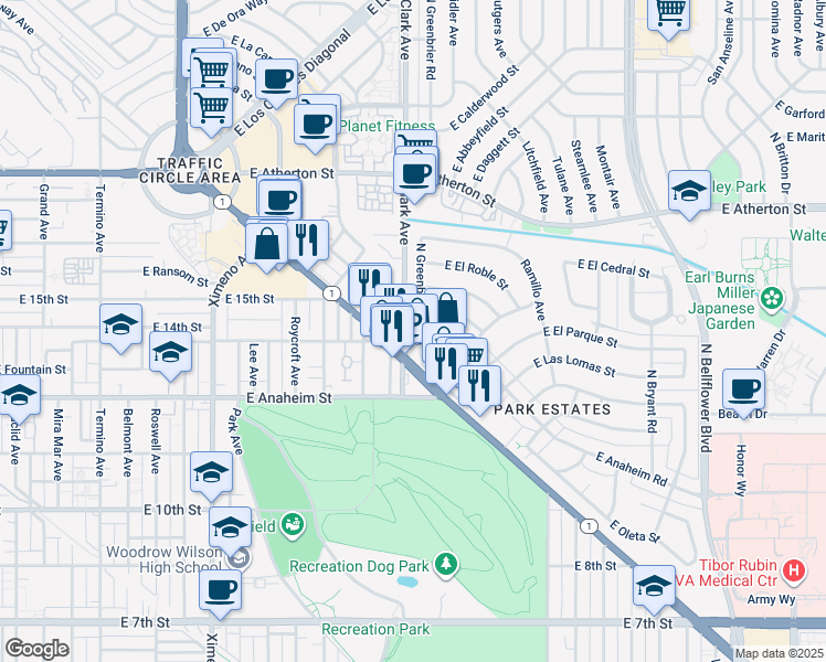 map of restaurants, bars, coffee shops, grocery stores, and more near 1401 North Greenbrier Road in Long Beach