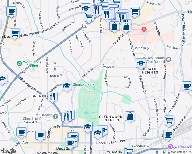 map of restaurants, bars, coffee shops, grocery stores, and more near 1229 Church Street in Decatur