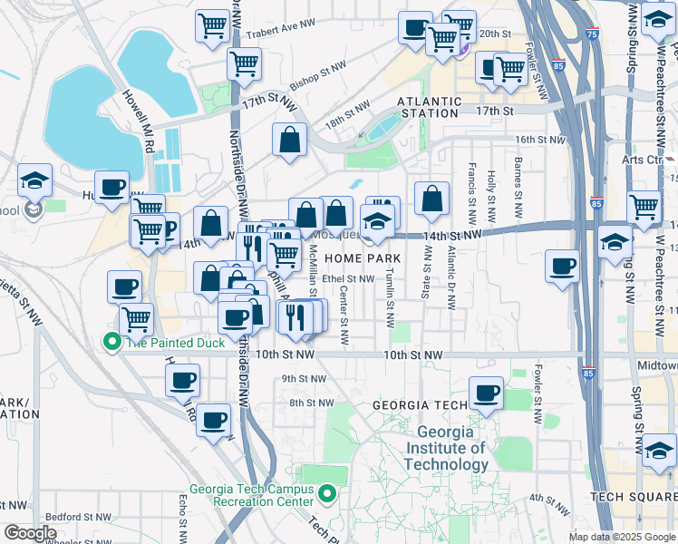 map of restaurants, bars, coffee shops, grocery stores, and more near 494 Ethel Street Northwest in Atlanta