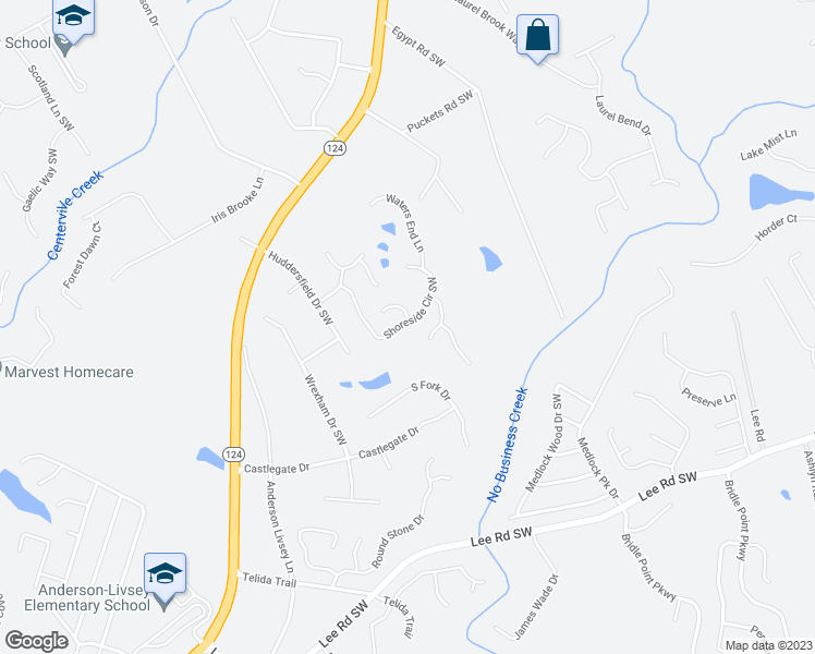 map of restaurants, bars, coffee shops, grocery stores, and more near 4177 Shoreside Circle Southwest in Snellville