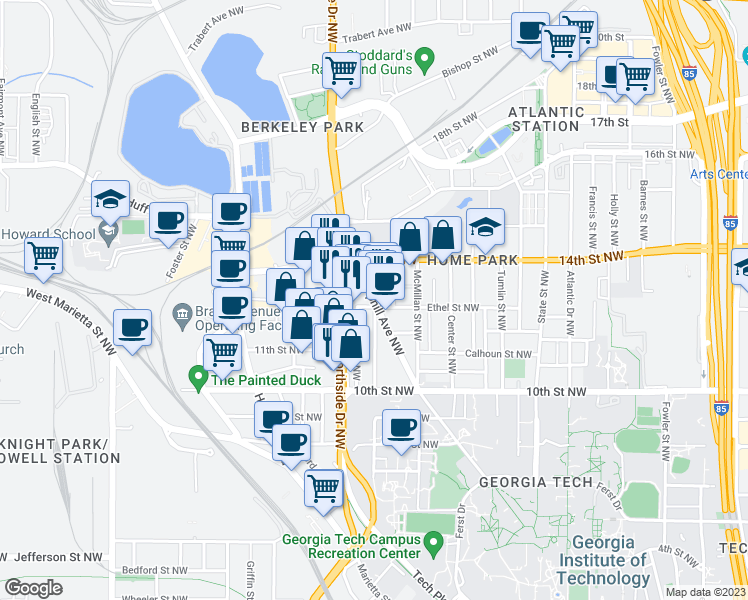 map of restaurants, bars, coffee shops, grocery stores, and more near Hemphill Ave NW & Curran St NW in Atlanta