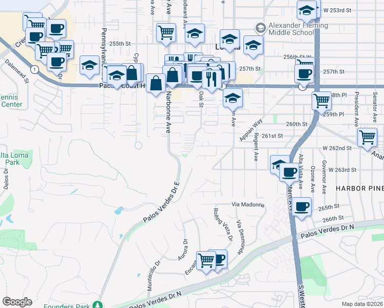map of restaurants, bars, coffee shops, grocery stores, and more near 26216 Oak Street in Lomita