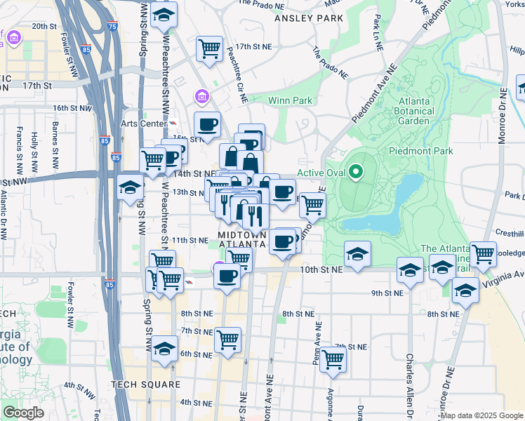 map of restaurants, bars, coffee shops, grocery stores, and more near 1101 Juniper Street Northeast in Atlanta
