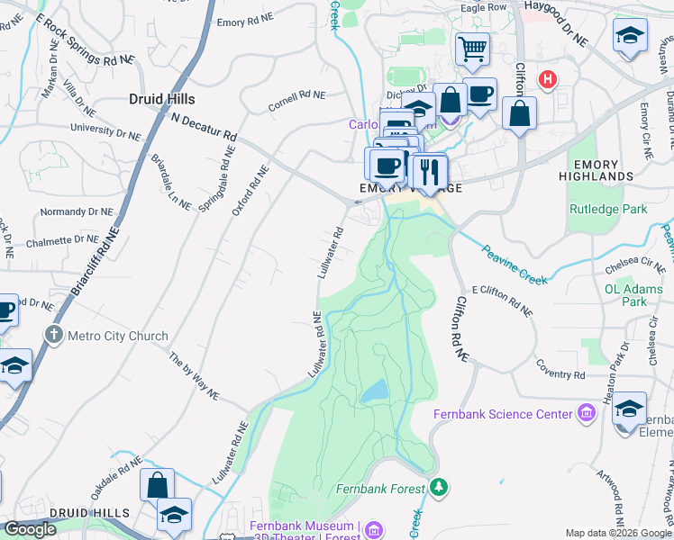 map of restaurants, bars, coffee shops, grocery stores, and more near 1095 Lullwater Road Northeast in Atlanta