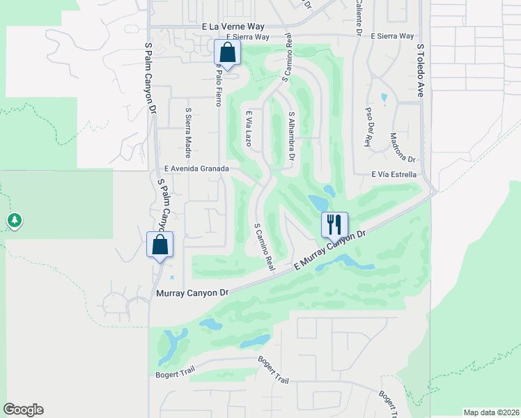 map of restaurants, bars, coffee shops, grocery stores, and more near 2600 South Camino Real in Palm Springs