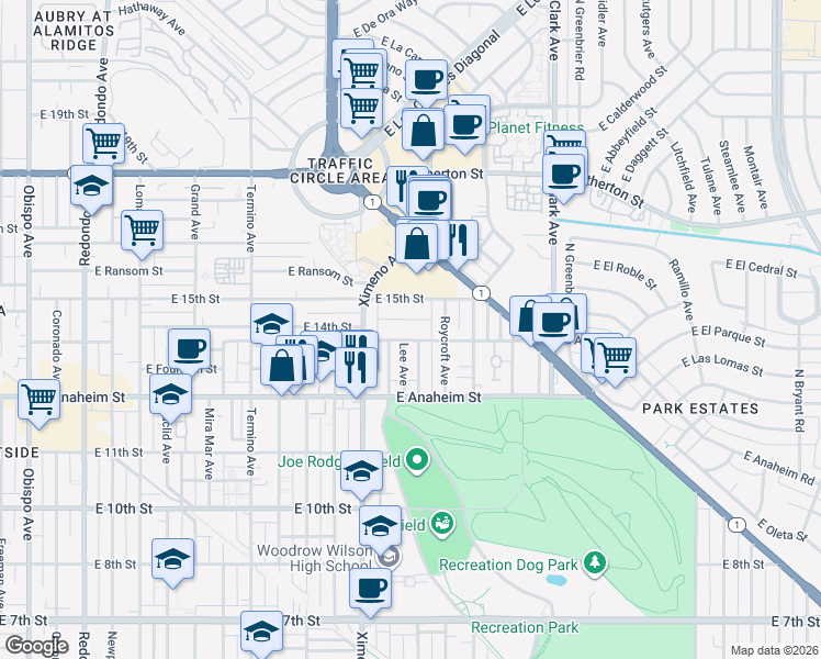 map of restaurants, bars, coffee shops, grocery stores, and more near 4555 East 14th Street in Long Beach