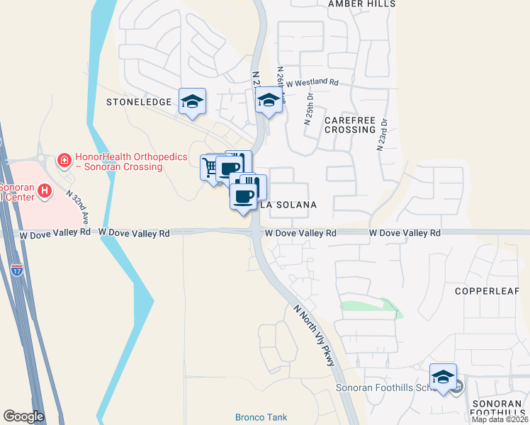 map of restaurants, bars, coffee shops, grocery stores, and more near 33040 North 26th Lane in Phoenix