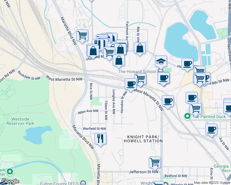map of restaurants, bars, coffee shops, grocery stores, and more near 1091 Longley Avenue Northwest in Atlanta