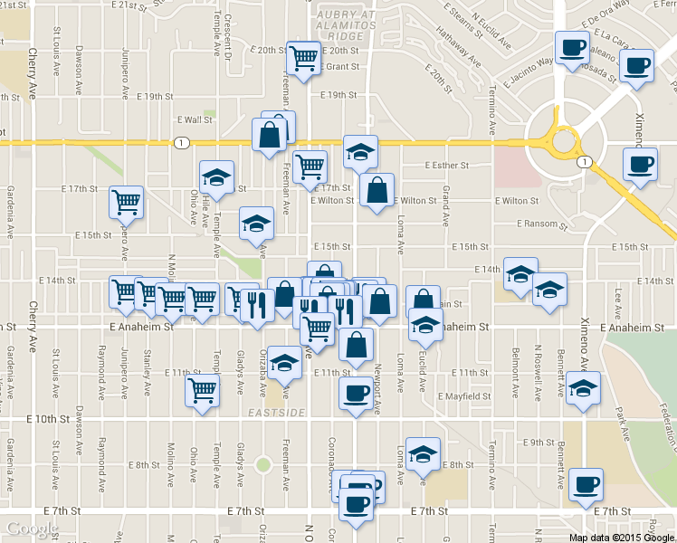 map of restaurants, bars, coffee shops, grocery stores, and more near 1414 Coronado Avenue in Long Beach