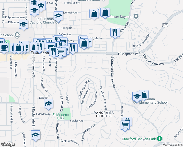 map of restaurants, bars, coffee shops, grocery stores, and more near 12344 Circula Panorama Place in North Tustin