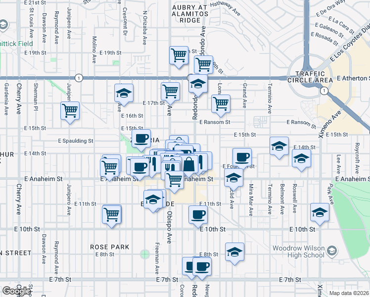 map of restaurants, bars, coffee shops, grocery stores, and more near 1414 Coronado Avenue in Long Beach