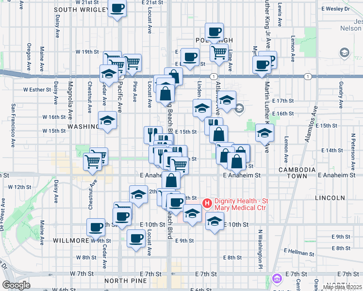 map of restaurants, bars, coffee shops, grocery stores, and more near 1441 Elm Avenue in Long Beach