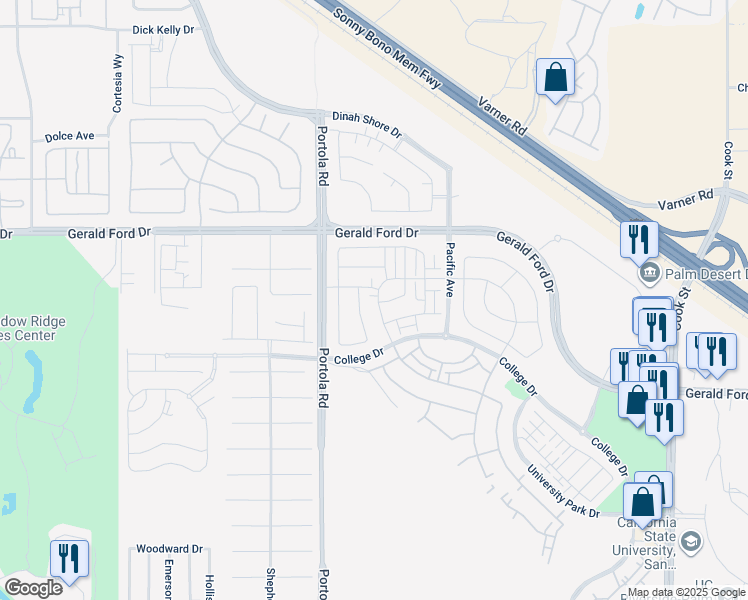 map of restaurants, bars, coffee shops, grocery stores, and more near 35779 Lasuen Street in Palm Desert