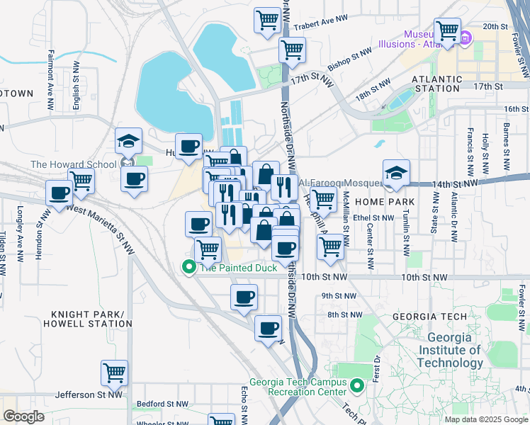 map of restaurants, bars, coffee shops, grocery stores, and more near 663 Ethel Street Northwest in Atlanta