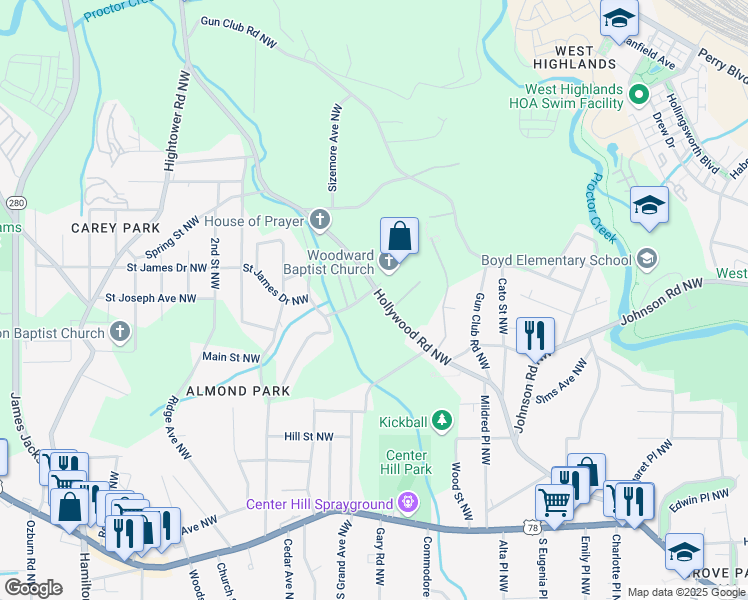 map of restaurants, bars, coffee shops, grocery stores, and more near 1090 Hollywood Road Northwest in Atlanta