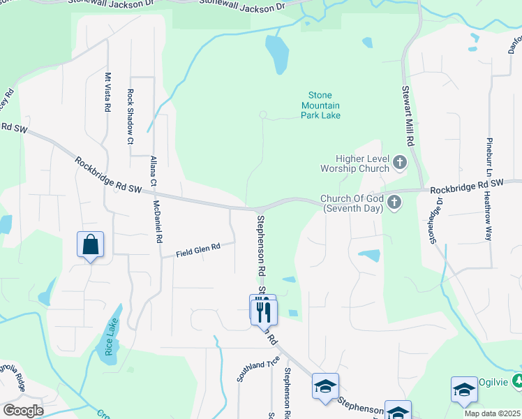 map of restaurants, bars, coffee shops, grocery stores, and more near Rockbridge Rd & Stephenson Rd in Stone Mountain