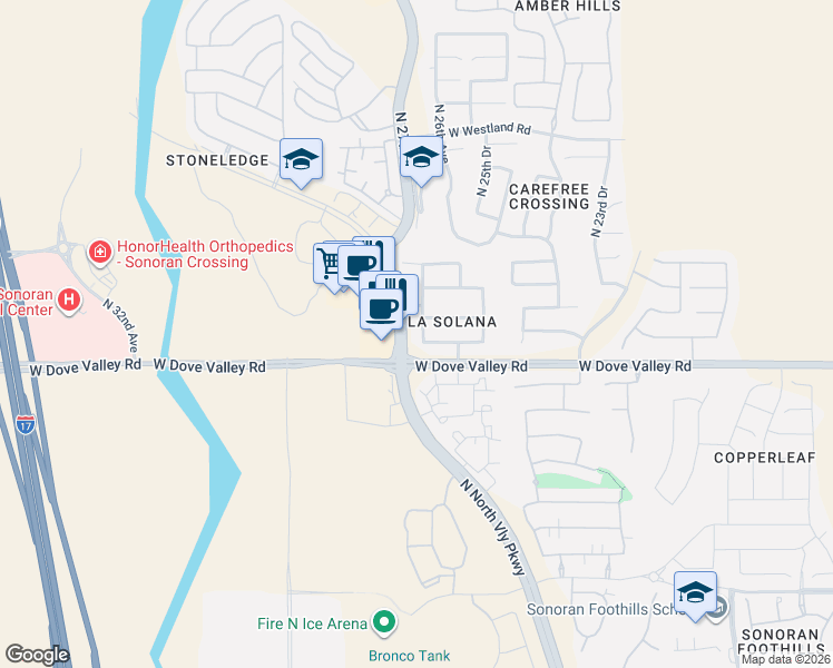 map of restaurants, bars, coffee shops, grocery stores, and more near 33040 North 26th Lane in Phoenix