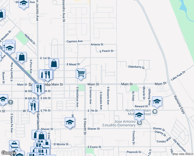 map of restaurants, bars, coffee shops, grocery stores, and more near 633 East Main Street in San Jacinto