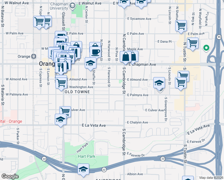 map of restaurants, bars, coffee shops, grocery stores, and more near 733 East Palmyra Avenue in Orange