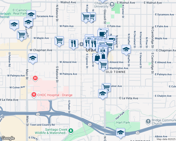 map of restaurants, bars, coffee shops, grocery stores, and more near 282 South Cypress Street in Orange