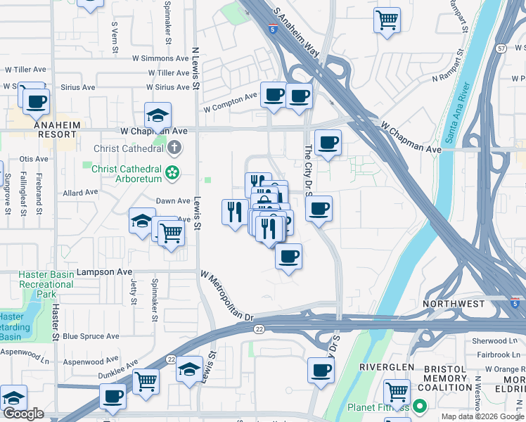map of restaurants, bars, coffee shops, grocery stores, and more near 100 City Boulevard West in Orange