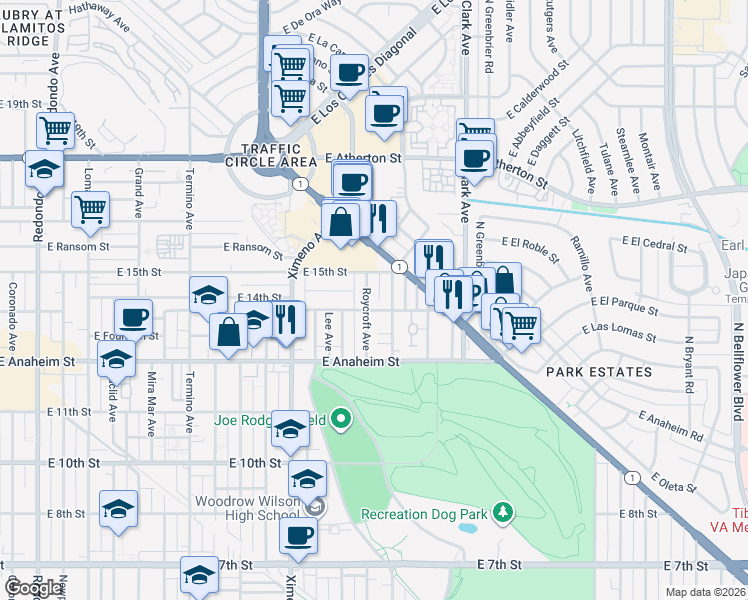 map of restaurants, bars, coffee shops, grocery stores, and more near 4641 East 14th Street in Long Beach