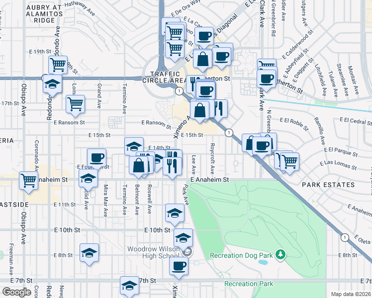 map of restaurants, bars, coffee shops, grocery stores, and more near 4537 East 14th Street in Long Beach