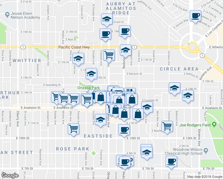 map of restaurants, bars, coffee shops, grocery stores, and more near 1400 Coronado Avenue in Long Beach