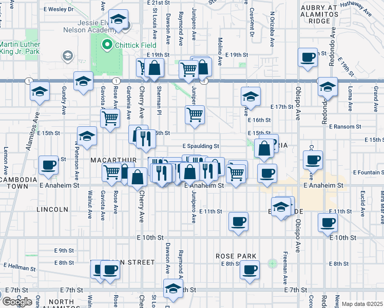 map of restaurants, bars, coffee shops, grocery stores, and more near 2313 East 14th Street in Long Beach
