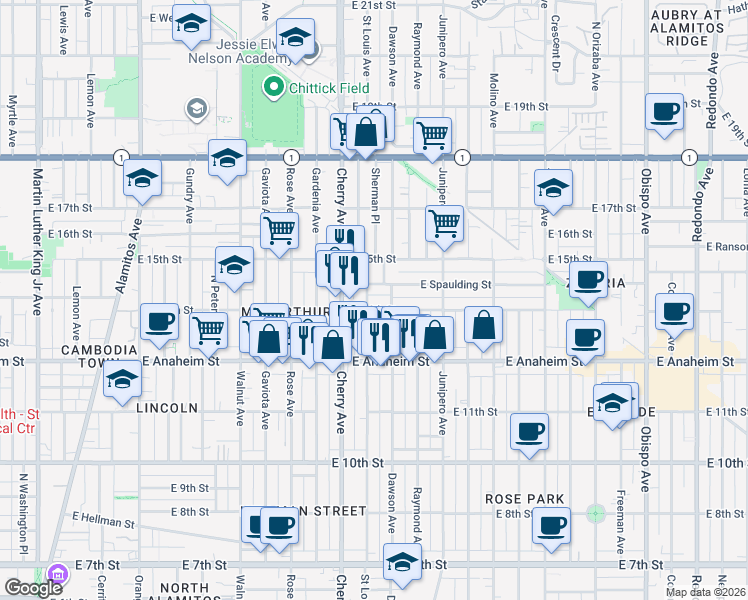 map of restaurants, bars, coffee shops, grocery stores, and more near 2039 East 14th Street in Long Beach