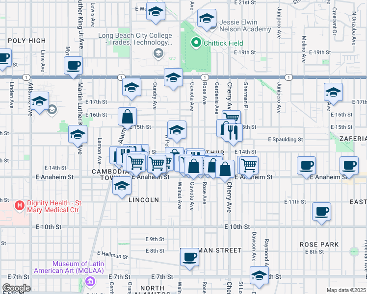 map of restaurants, bars, coffee shops, grocery stores, and more near 1609 East 14th Street in Long Beach