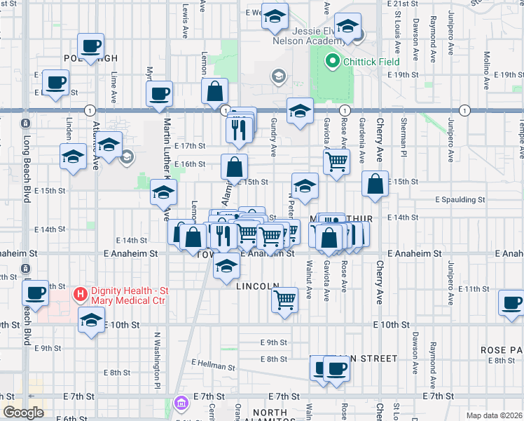 map of restaurants, bars, coffee shops, grocery stores, and more near 1315 East 14th Street in Long Beach