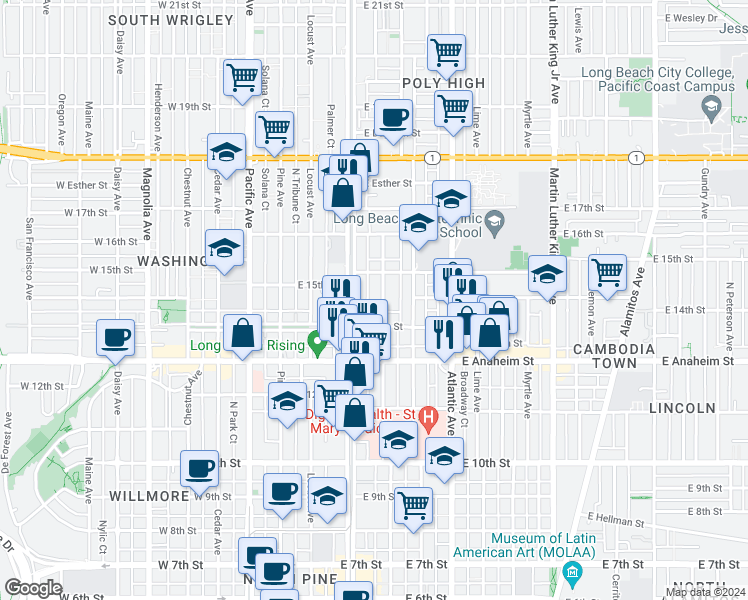 map of restaurants, bars, coffee shops, grocery stores, and more near 1441 Elm Avenue in Long Beach