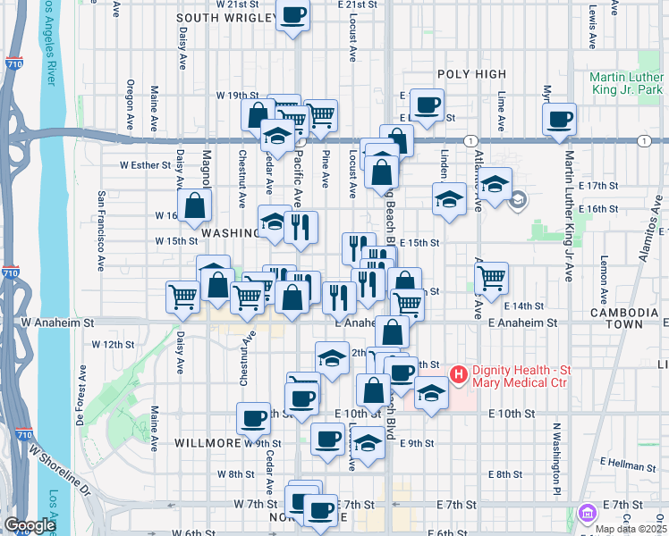 map of restaurants, bars, coffee shops, grocery stores, and more near 1429 Pine Avenue in Long Beach