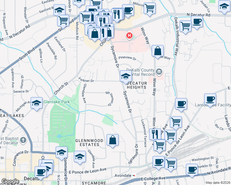 map of restaurants, bars, coffee shops, grocery stores, and more near 209 Mount Vernon Drive in Decatur