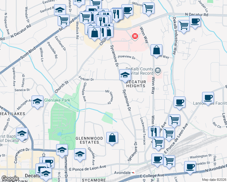 map of restaurants, bars, coffee shops, grocery stores, and more near 209 Mount Vernon Drive in Decatur