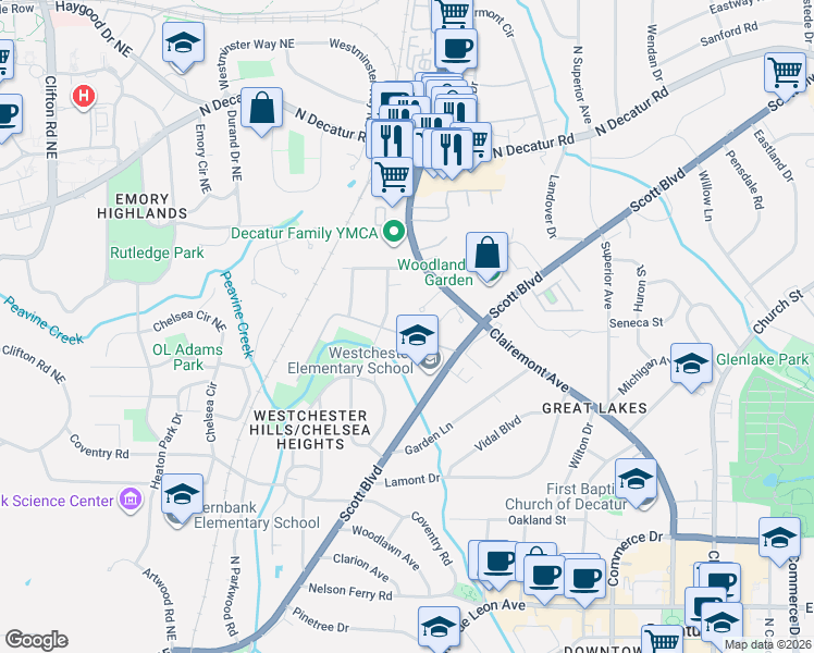 map of restaurants, bars, coffee shops, grocery stores, and more near 233 Westchester Drive in Decatur