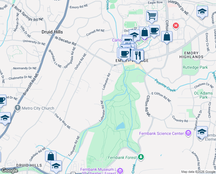 map of restaurants, bars, coffee shops, grocery stores, and more near 1095 Lullwater Road Northeast in Atlanta