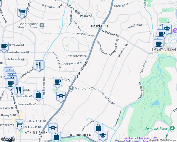 map of restaurants, bars, coffee shops, grocery stores, and more near 1210 Cameron Court Northeast in Atlanta