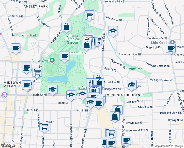 map of restaurants, bars, coffee shops, grocery stores, and more near 566 Cresthill Avenue Northeast in Atlanta