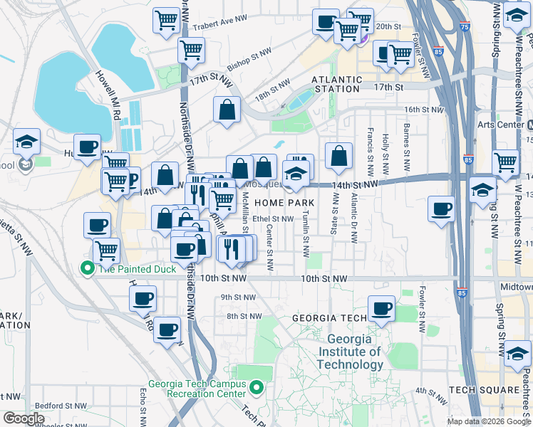 map of restaurants, bars, coffee shops, grocery stores, and more near 494 Ethel Street Northwest in Atlanta