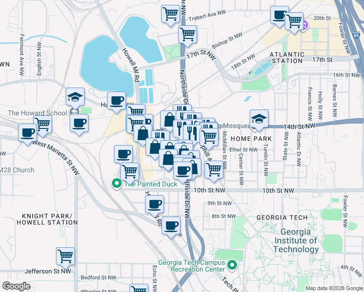 map of restaurants, bars, coffee shops, grocery stores, and more near 1104 Northside Drive Northwest in Atlanta