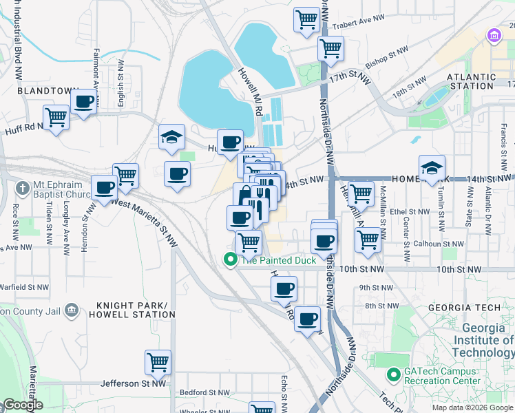 map of restaurants, bars, coffee shops, grocery stores, and more near in Atlanta
