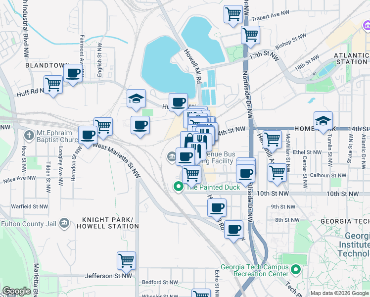 map of restaurants, bars, coffee shops, grocery stores, and more near in Atlanta